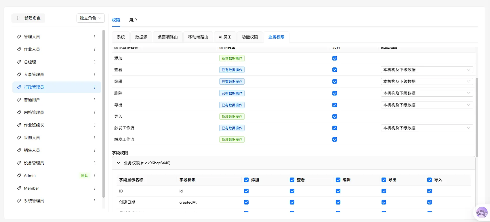 行政管理员业务权限配置