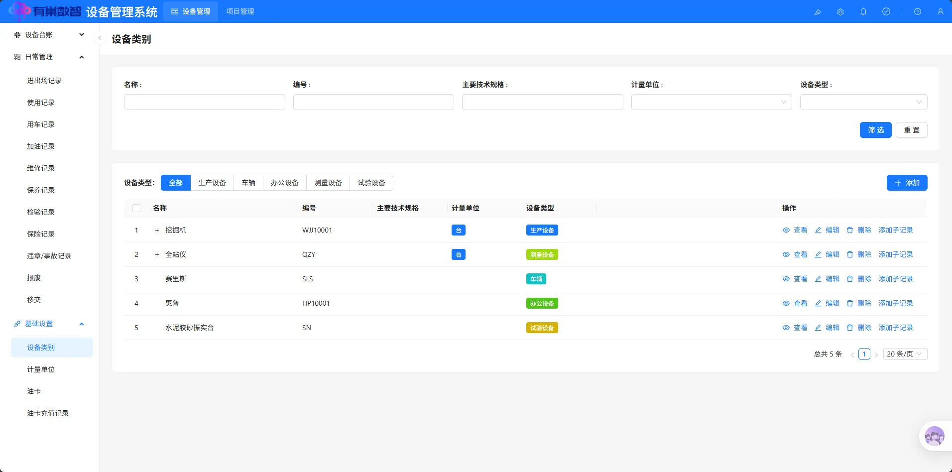 设备类别模块界面